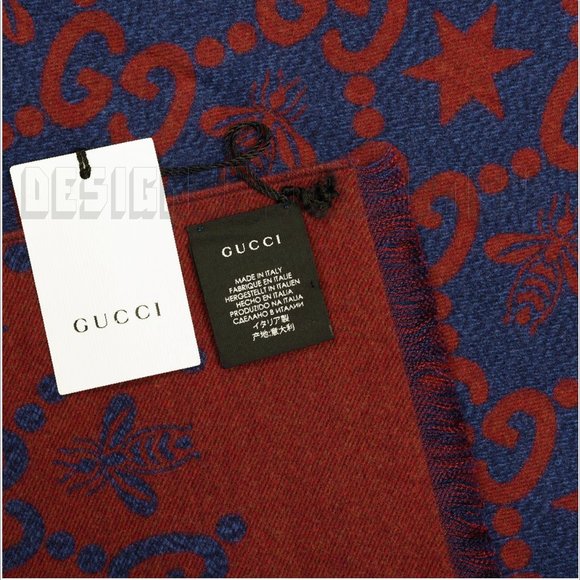 GUCCI red & blue CONSTELLATION Bee GG Stars wool/silk reversible long scarf NWT - Picture 7 of 12